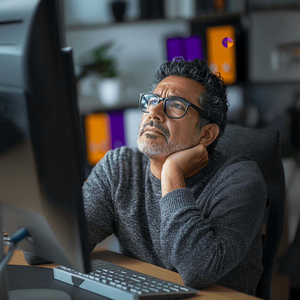 Latino de mediana edad con mala postura, con la barbilla hacia arriba, trabajando frente a una computadora en una oficina, usando lentes ocupacionales.