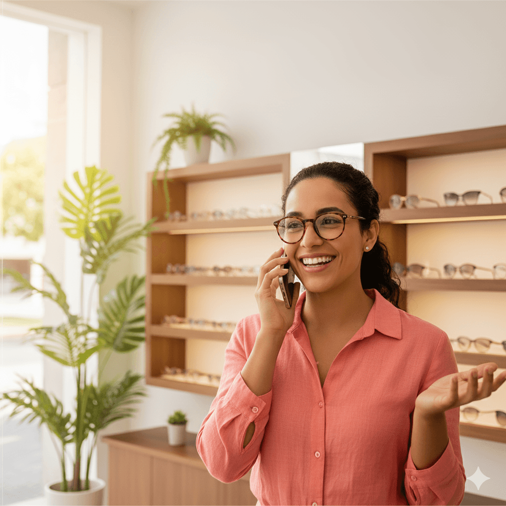 Contacto Óptica Optilux – Atención visual personalizada en Panamá Asesora de Óptica Optilux atendiendo una llamada en la óptica