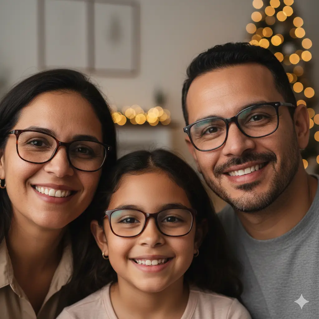 Familia sonriente en ambiente festivo.